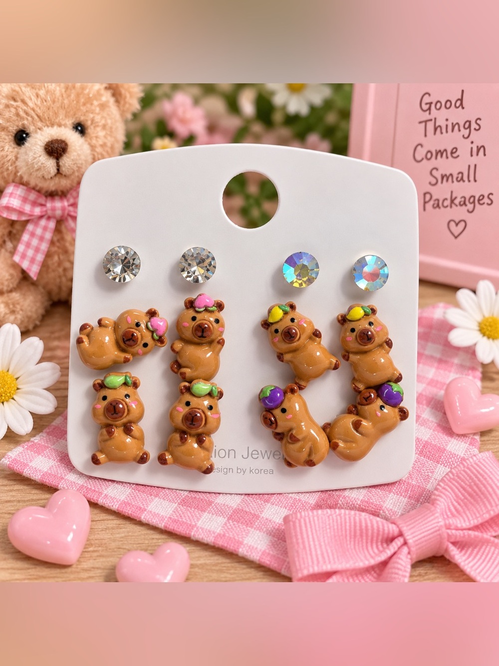 Adorable Kawaii Teddy Bear & Fruit Stud Earring Set – 8-Piece Set 🍓🧸
